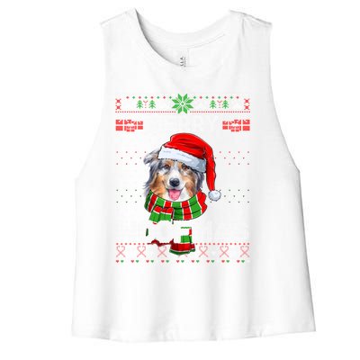 Australian Shepherd Santa Scarf Merry Woofmas Ugly Sweater Cool Gift Women's Racerback Cropped Tank