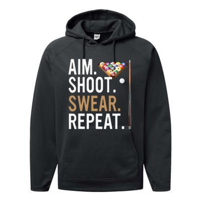 Aim Shoot Swear Repeat Pool Billiard Performance Fleece Hoodie