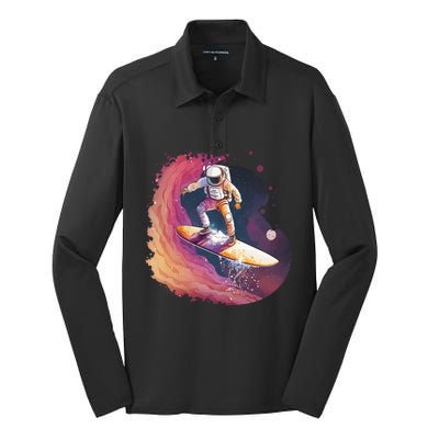 Astronaut Surfing Space Surfer Silk Touch Performance Long Sleeve Polo