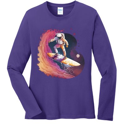 Astronaut Surfing Space Surfer Ladies Long Sleeve Shirt