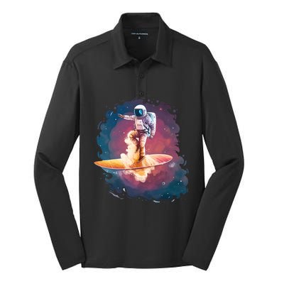 Astronaut Surfing Space Surfer Silk Touch Performance Long Sleeve Polo