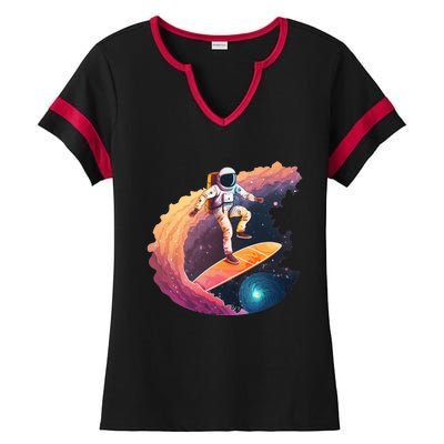 Astronaut Surfing Space Surfer Ladies Halftime Notch Neck Tee