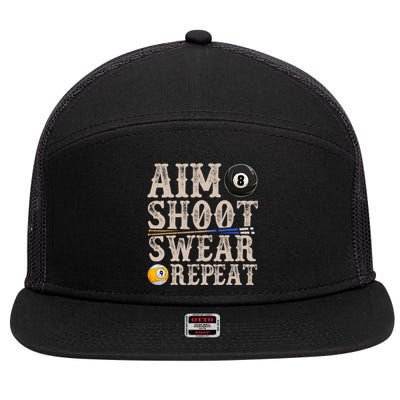 Aim Shoot Swear Repeat Funny Pool Billards Gift 7 Panel Mesh Trucker Snapback Hat