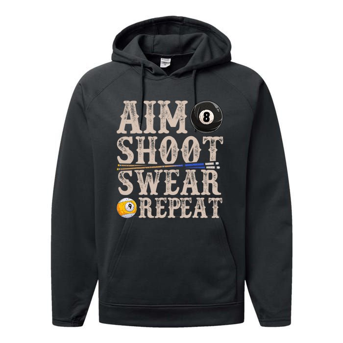 Aim Shoot Swear Repeat Funny Pool Billards Gift Performance Fleece Hoodie