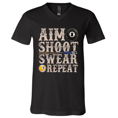 Aim Shoot Swear Repeat Funny Pool Billards Gift V-Neck T-Shirt