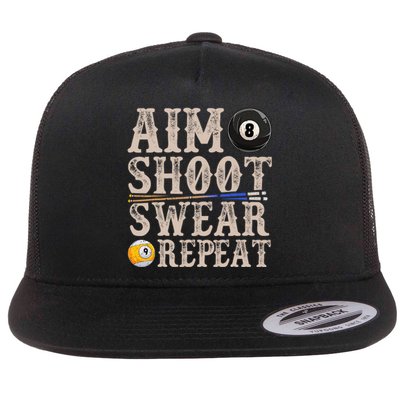 Aim Shoot Swear Repeat Funny Pool Billards Gift Flat Bill Trucker Hat