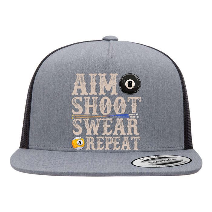 Aim Shoot Swear Repeat Funny Pool Billards Gift Flat Bill Trucker Hat