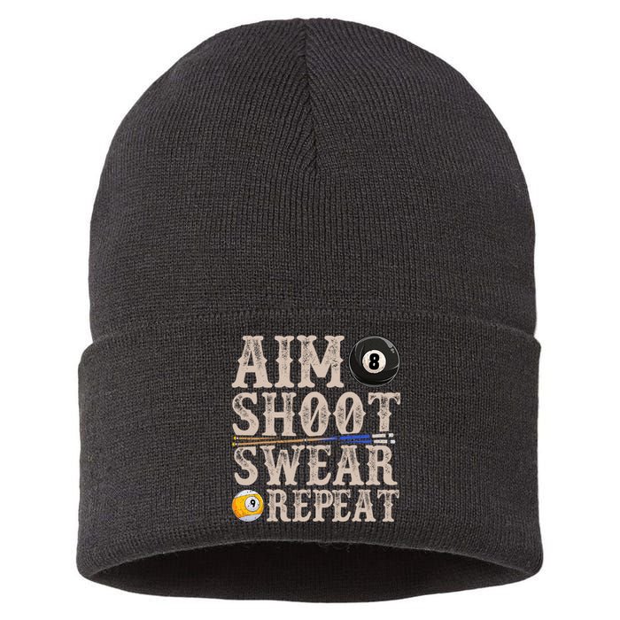 Aim Shoot Swear Repeat Funny Pool Billards Gift Sustainable Knit Beanie