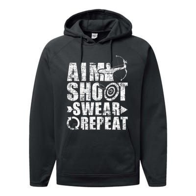 Aim Shoot Swear Repeat Bow Arrow Archery Archer Bowhunter Performance Fleece Hoodie