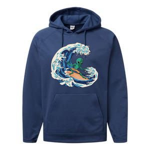 Alien Surfing Summer Surfer Performance Fleece Hoodie