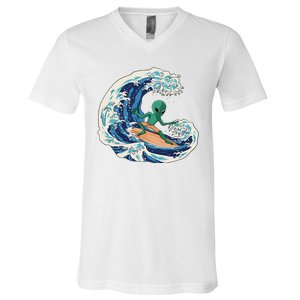 Alien Surfing Summer Surfer V-Neck T-Shirt