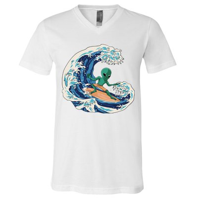 Alien Surfing Summer Surfer V-Neck T-Shirt