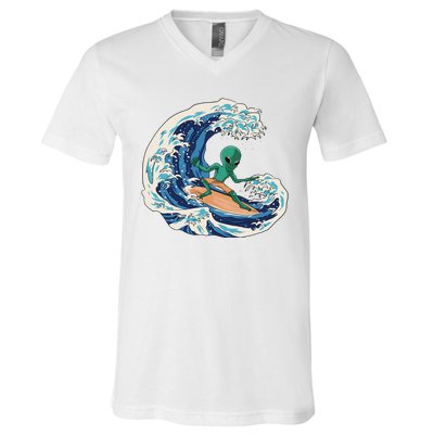 Alien Surfing Summer Surfer V-Neck T-Shirt