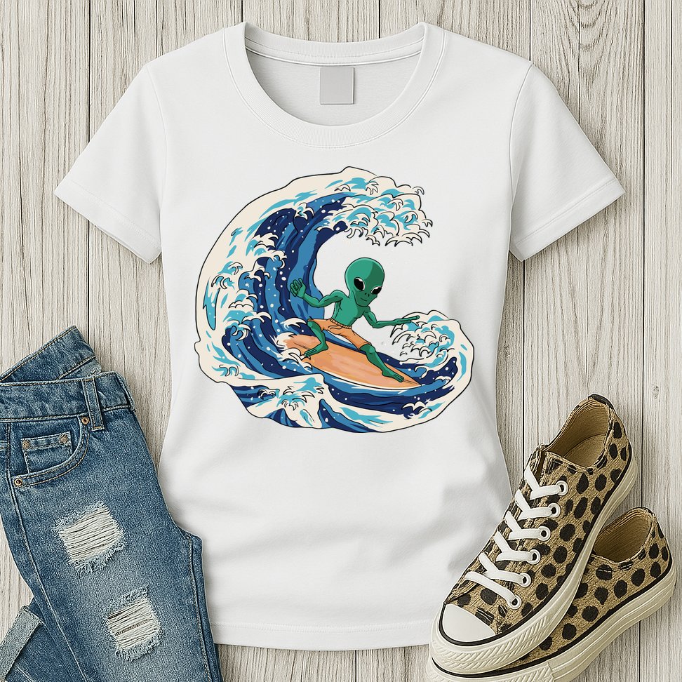 Alien Surfing Summer Surfer Womens T-Shirt