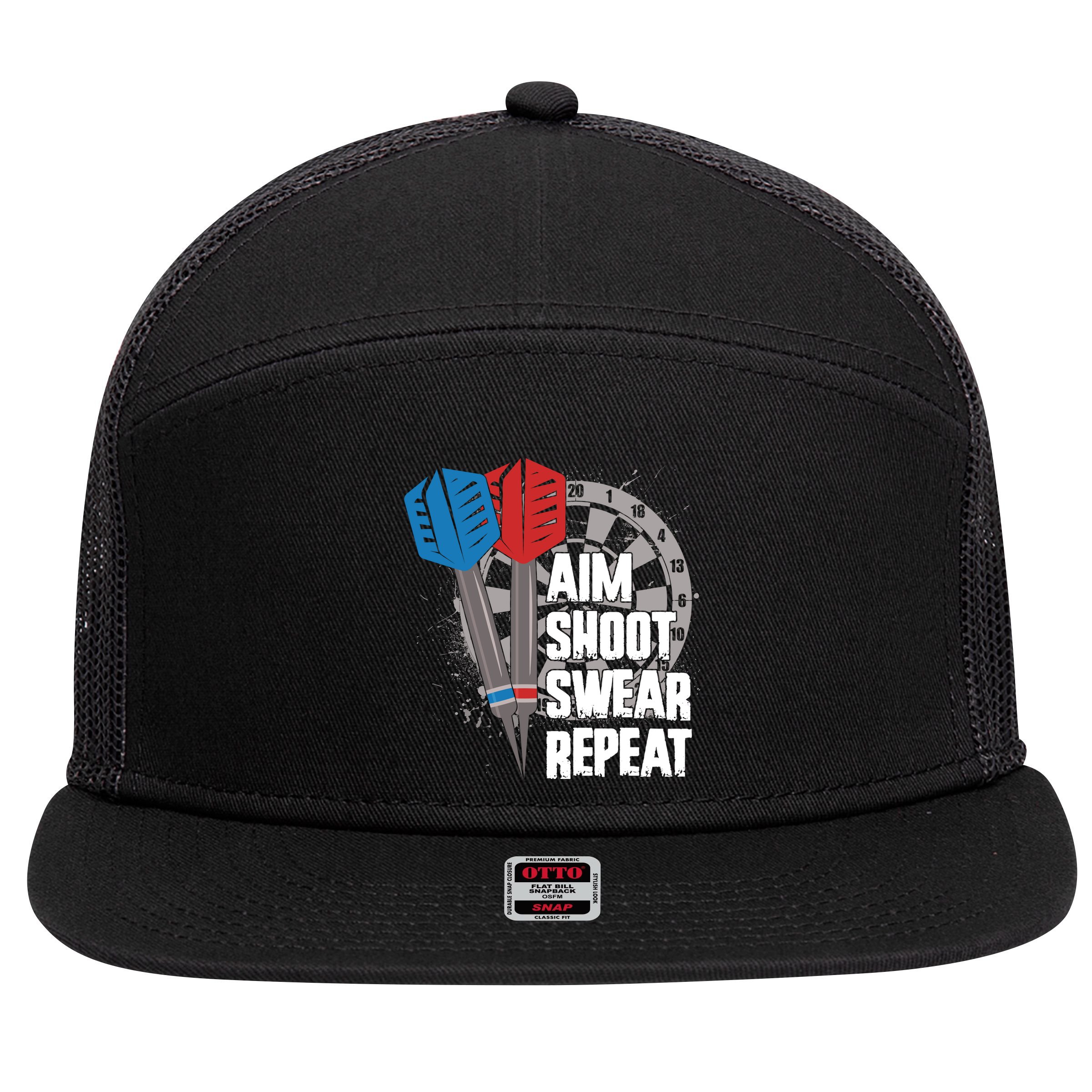 Aim Shoot Swear Repeat Dart Game 7 Panel Mesh Trucker Snapback Hat
