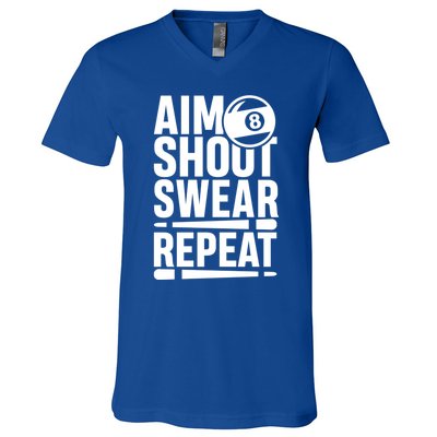 Aim Shoot Swear Repeat 8 Pool Billiard Sport Game Gift V-Neck T-Shirt