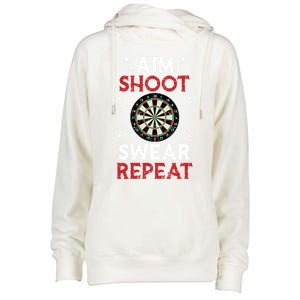 Aim Shoot Swear Repeat Bullseye Dartboard Team Funny Dart Cool Gift Womens Funnel Neck Pullover Hood