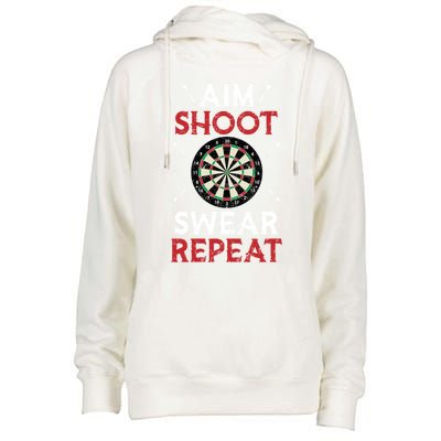 Aim Shoot Swear Repeat Bullseye Dartboard Team Funny Dart Cool Gift Womens Funnel Neck Pullover Hood