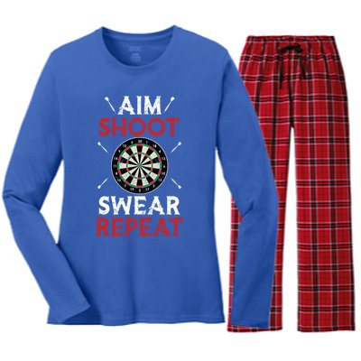 Aim Shoot Swear Repeat Bullseye Dartboard Team Funny Dart Cool Gift Women's Long Sleeve Flannel Pajama Set 