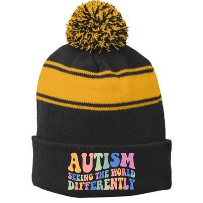 Autism Seeing The World Differently Groovy Stripe Pom Pom Beanie
