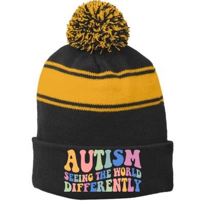 Autism Seeing The World Differently Groovy Stripe Pom Pom Beanie