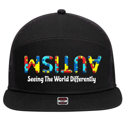 Autism Seeing The World Differently Upside Autism Awareness 7 Panel Mesh Trucker Snapback Hat