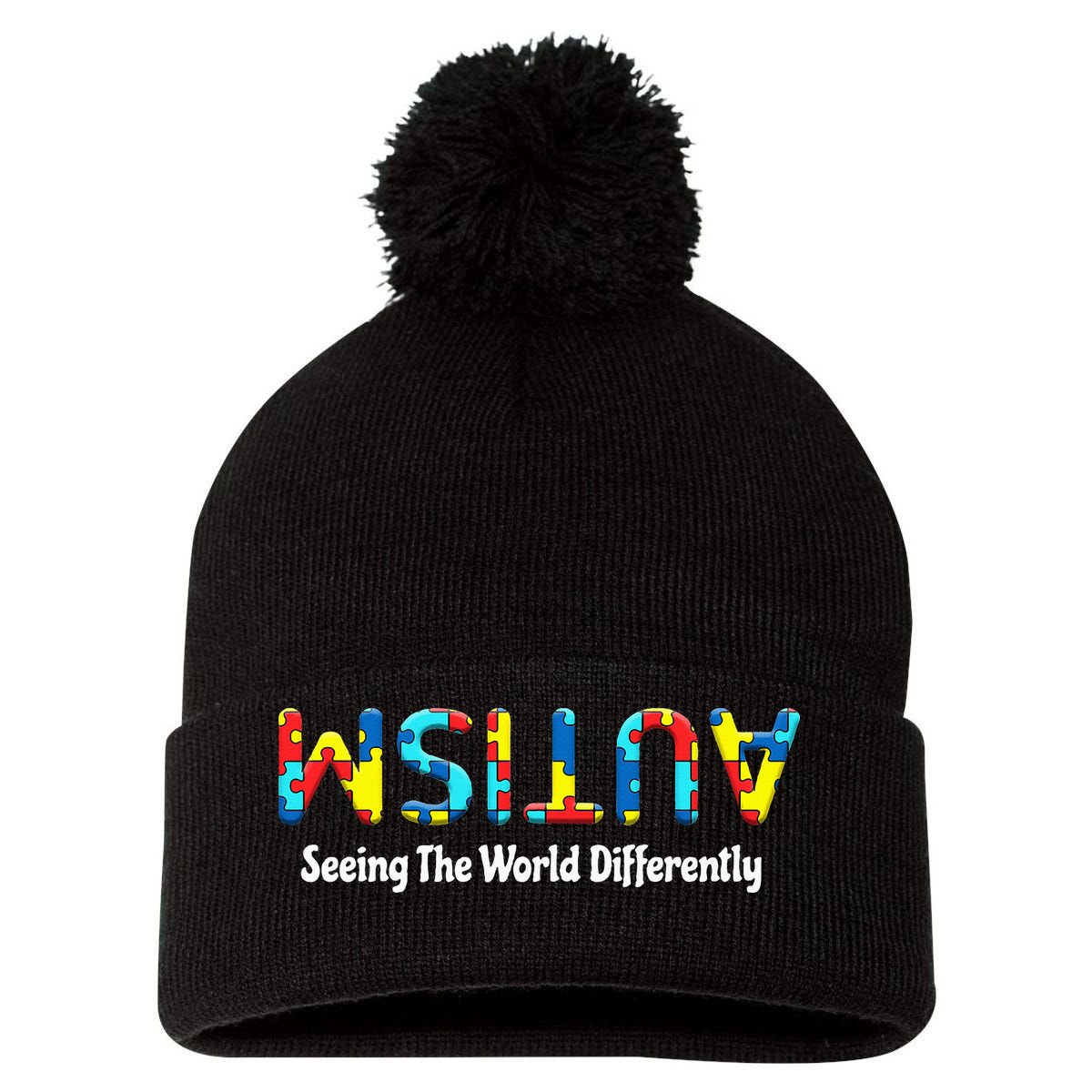 Autism Seeing The World Differently Upside Autism Awareness Pom Pom 12in Knit Beanie
