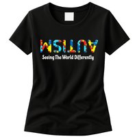 Autism Seeing The World Differently Upside Autism Awareness Womens T-Shirt