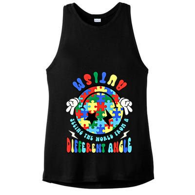 Autism Seeing The World Differently Groovy Smile Face Puzzle Great Gift Ladies PosiCharge Tri-Blend Wicking Tank