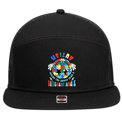 Autism Seeing The World Differently Groovy Smile Face Puzzle Great Gift 7 Panel Mesh Trucker Snapback Hat