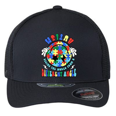 Autism Seeing The World Differently Groovy Smile Face Puzzle Great Gift Flexfit Unipanel Trucker Cap