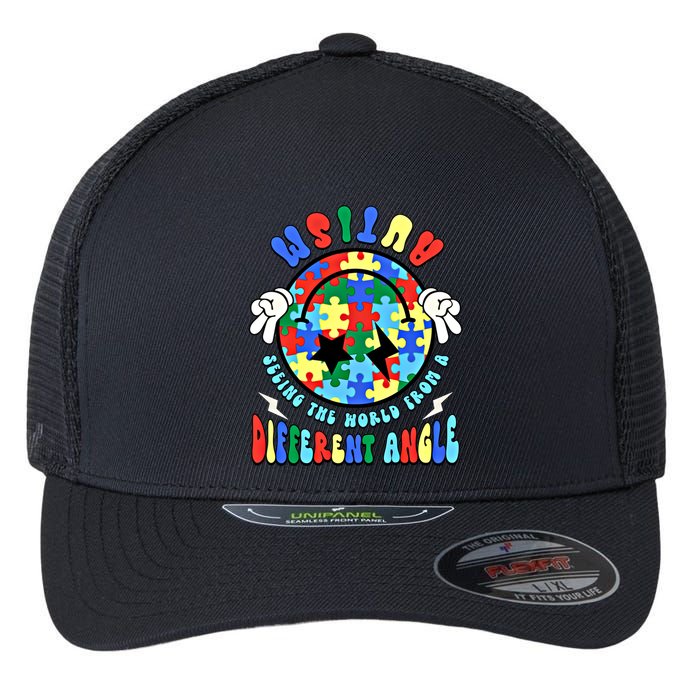 Autism Seeing The World Differently Groovy Smile Face Puzzle Great Gift Flexfit Unipanel Trucker Cap