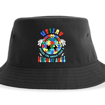 Autism Seeing The World Differently Groovy Smile Face Puzzle Great Gift Sustainable Bucket Hat
