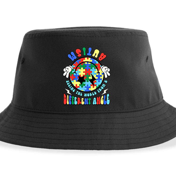 Autism Seeing The World Differently Groovy Smile Face Puzzle Great Gift Sustainable Bucket Hat