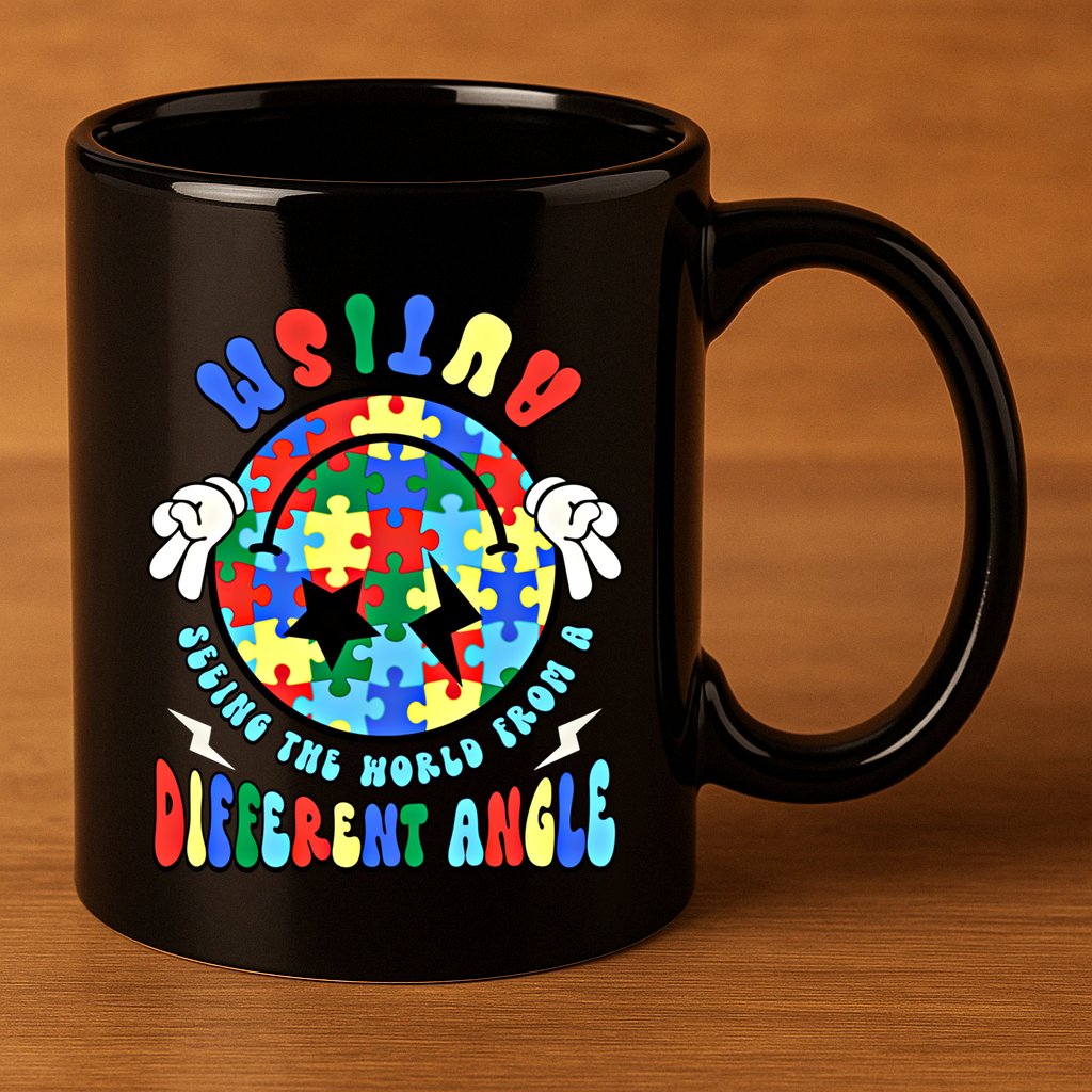 Autism Seeing The World Differently Groovy Smile Face Puzzle Great Gift 11oz C Handle Ceramic Mug
