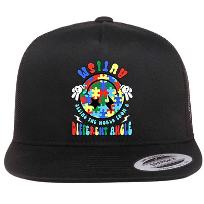 Autism Seeing The World Differently Groovy Smile Face Puzzle Great Gift Flatbill Hat
