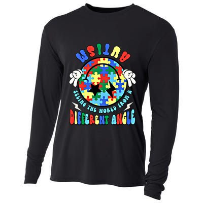 Autism Seeing The World Differently Groovy Smile Face Puzzle Great Gift Cooling Performance Long Sleeve Crew
