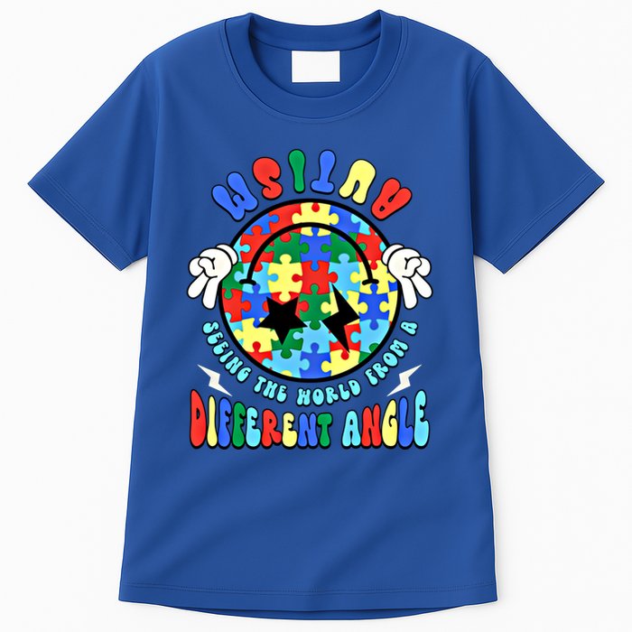 Autism Seeing The World Differently Groovy Smile Face Puzzle Great Gift Tall T-Shirt