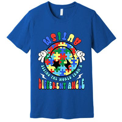 Autism Seeing The World Differently Groovy Smile Face Puzzle Great Gift Premium T-Shirt