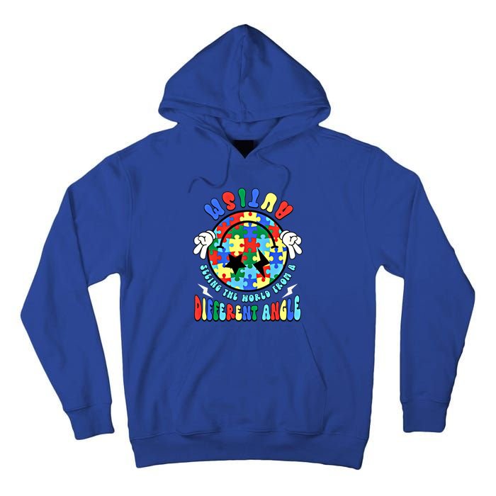 Autism Seeing The World Differently Groovy Smile Face Puzzle Great Gift Tall Hoodie