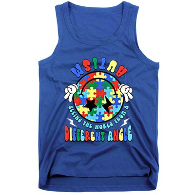 Autism Seeing The World Differently Groovy Smile Face Puzzle Great Gift Tank Top