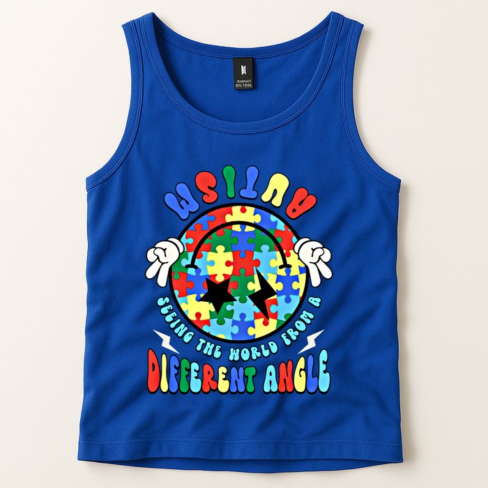 Autism Seeing The World Differently Groovy Smile Face Puzzle Great Gift Tank Top