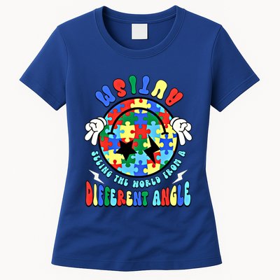 Autism Seeing The World Differently Groovy Smile Face Puzzle Great Gift Womens T-Shirt