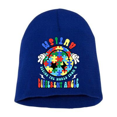 Autism Seeing The World Differently Groovy Smile Face Puzzle Great Gift Short Acrylic Beanie