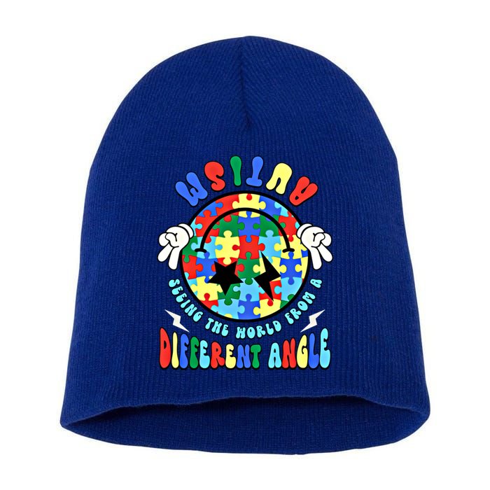 Autism Seeing The World Differently Groovy Smile Face Puzzle Great Gift Short Acrylic Beanie