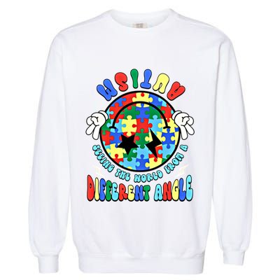 Autism Seeing The World Differently Groovy Smile Face Puzzle Great Gift Garment-Dyed Sweatshirt