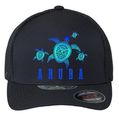 Aruba Sea Turtle Tribal Pattern Scuba Diving Diver Aruba Flexfit Unipanel Trucker Cap