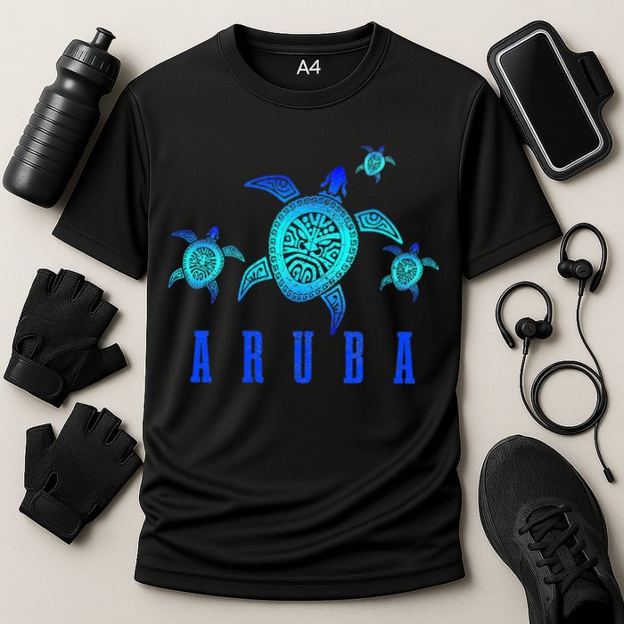 Aruba Sea Turtle Tribal Pattern Scuba Diving Diver Aruba Cooling Performance Crew T-Shirt