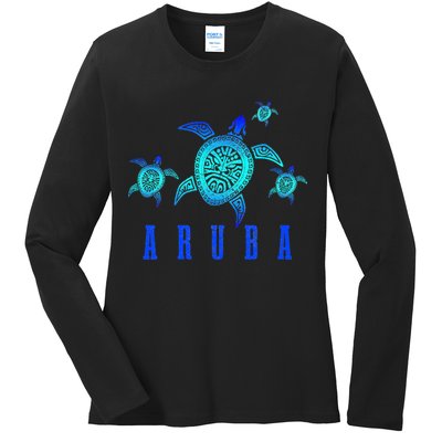 Aruba Sea Turtle Tribal Pattern Scuba Diving Diver Aruba Ladies Long Sleeve Shirt