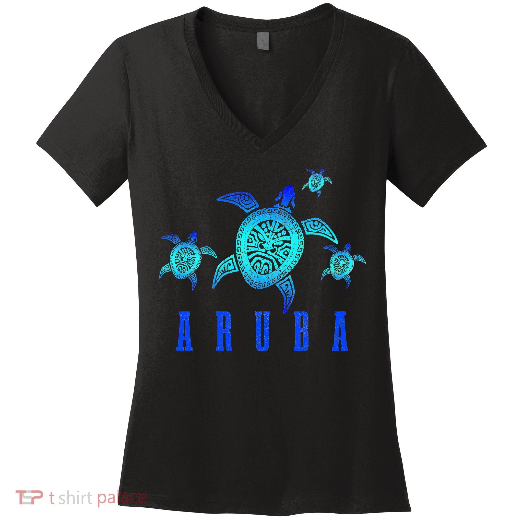 Aruba Sea Turtle Tribal Pattern Scuba Diving Diver Aruba Women's V-Neck T-Shirt